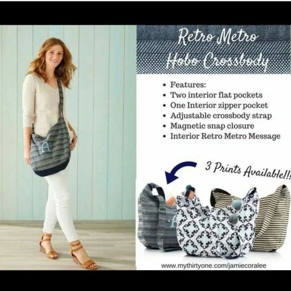 Women's Thirty-One Retro Metro Navy Striped Hobo Cross Body Bag - Picture 2 of 12